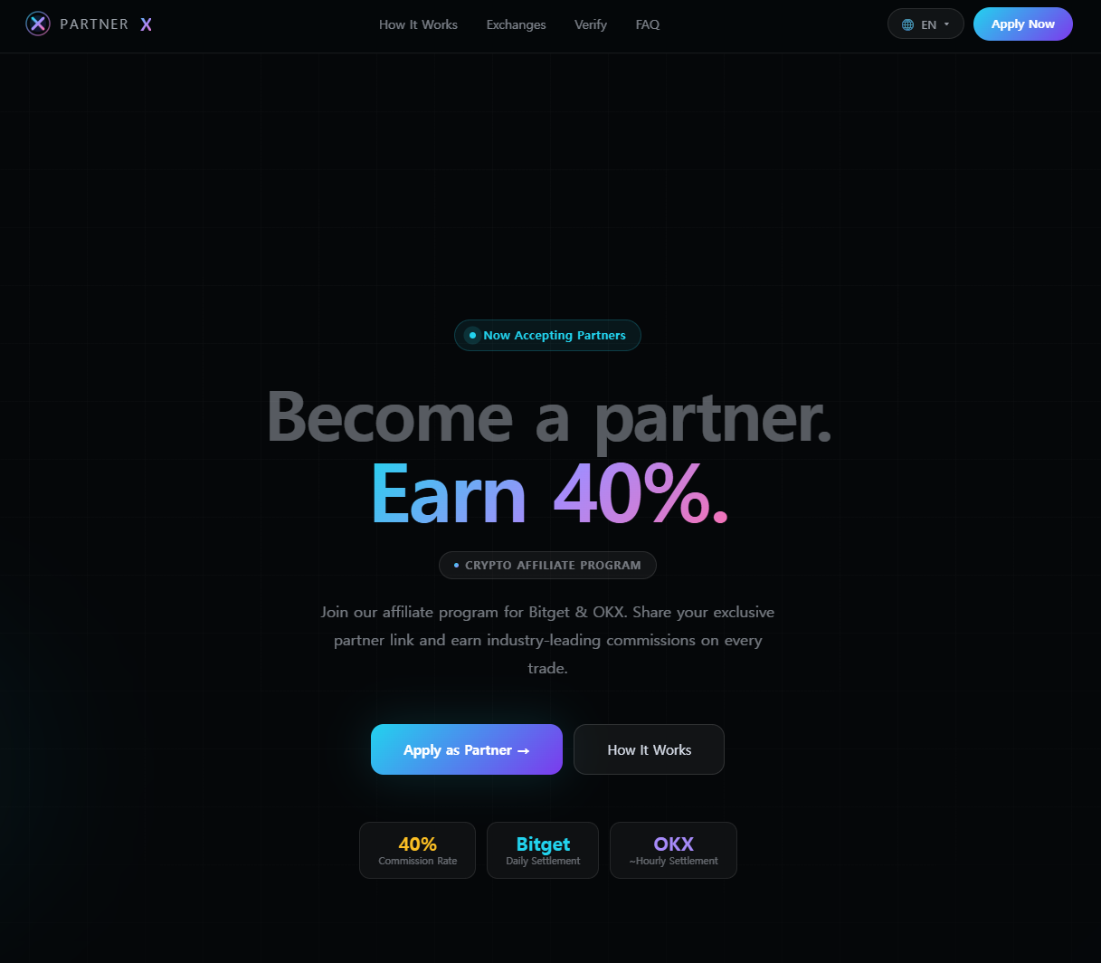 PartnerX affiliate program — 40% commission rate for Bitget and OKX
