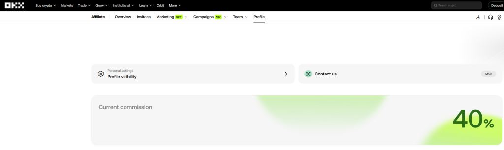 OKX affiliate dashboard showing 40% current commission rate