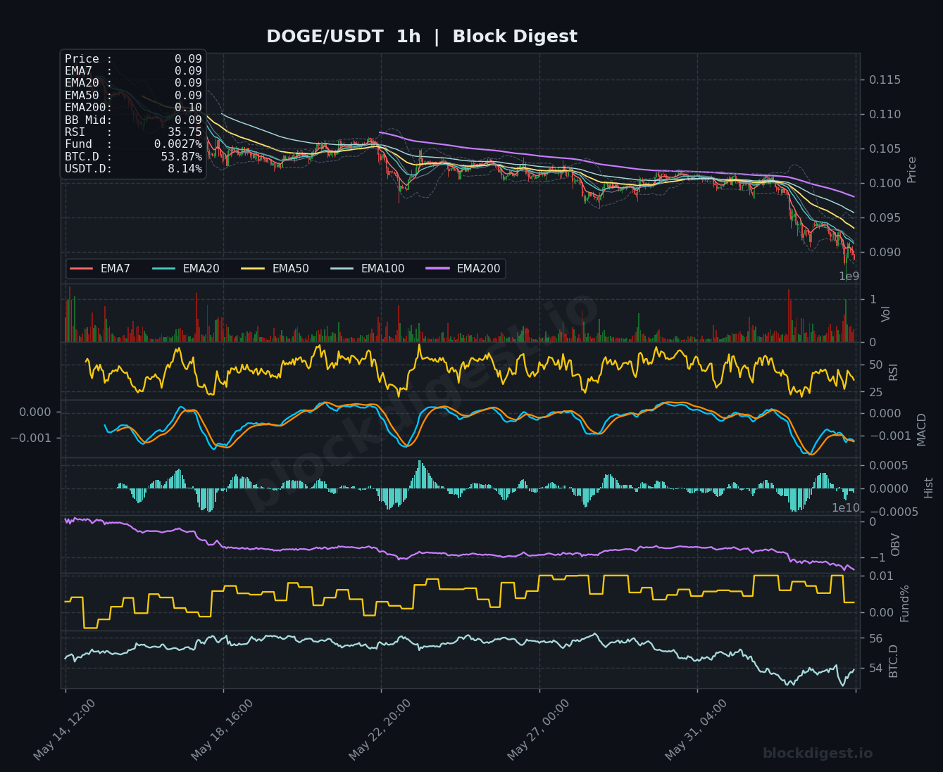 DOGE/USDT 1-Hour Chart — Block Digest
