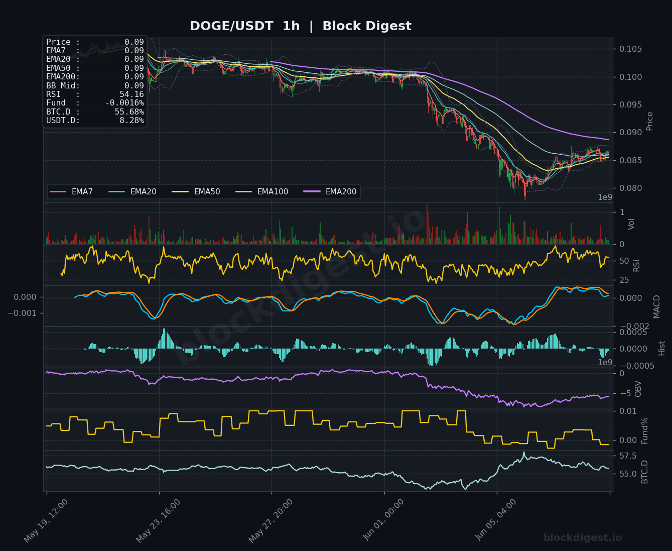 DOGE/USDT 1-Hour Chart — Block Digest