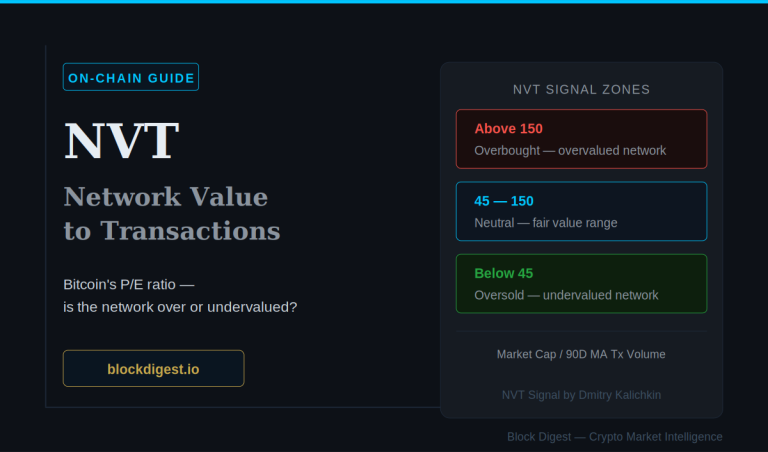 NVT ratio explained — Bitcoin network valuation zones from oversold to overbought